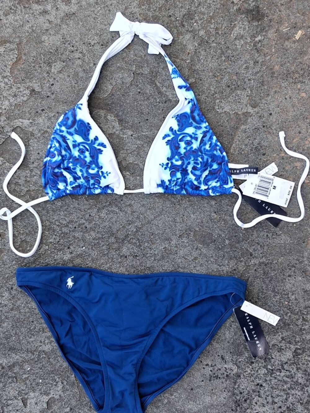 Ralph Lauren Logo Bikini Swimsuit Medium Blue White lace up back New w/ Tags